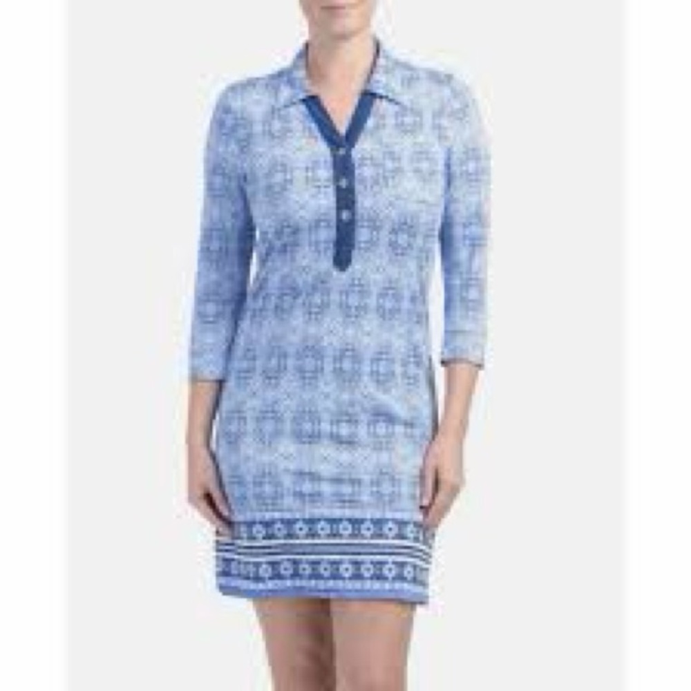 Cabana Life Tunic Dress with a Moroccan Tile print in sky blu & wh.  Size L